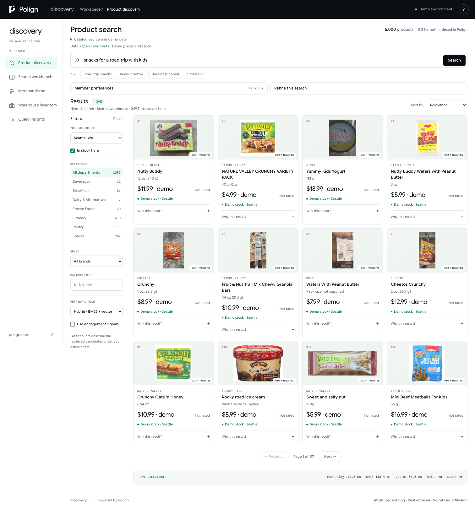 Discovery showing product photos, prices, filters, and explanations for a road-trip snacks search.